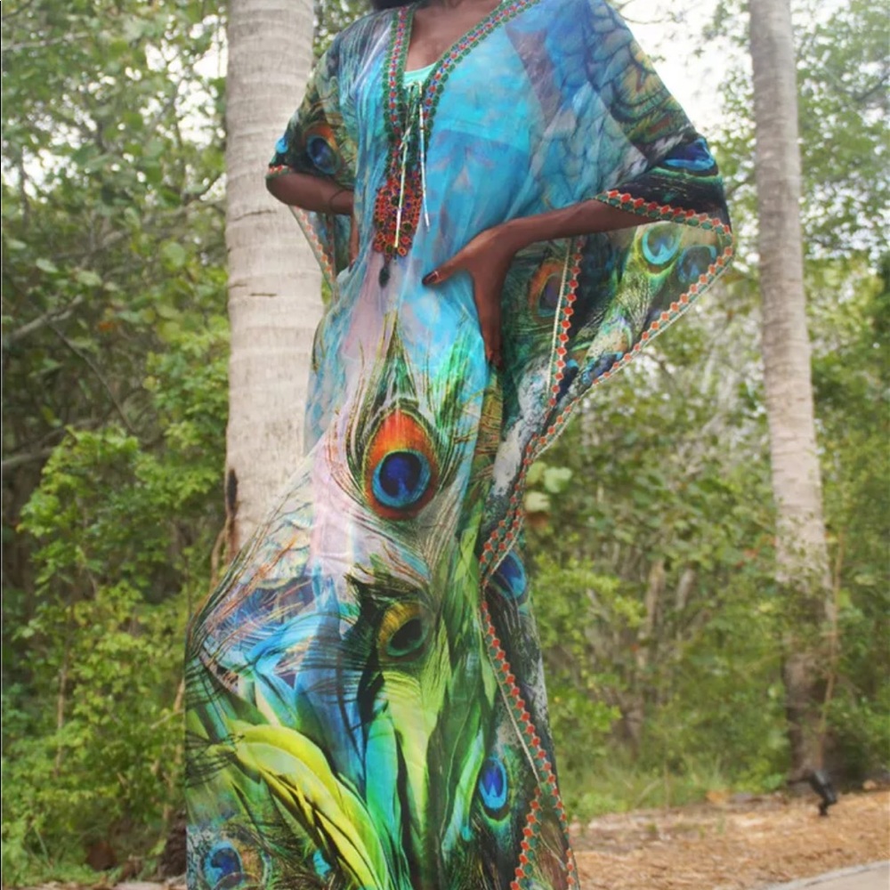 Peacock Feather Aqua Blue Green Kaftan Kimono - Picture 4 of 6